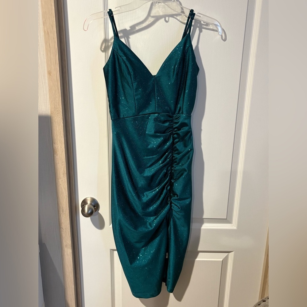Honey and Rosie Sparkling Green Ruched Midi Dress - Picture 1 of 8